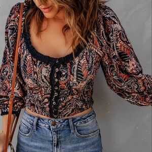 Free People Dare Me Paisley‎ Velvet Blouse Size Large